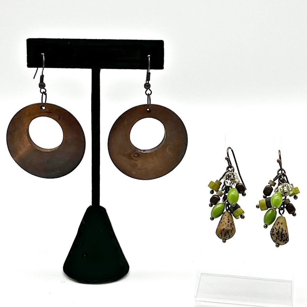 Earrings Brown Wood Hoop & Green Beaded Dangle Retro 70s Style Pierced Set of 2